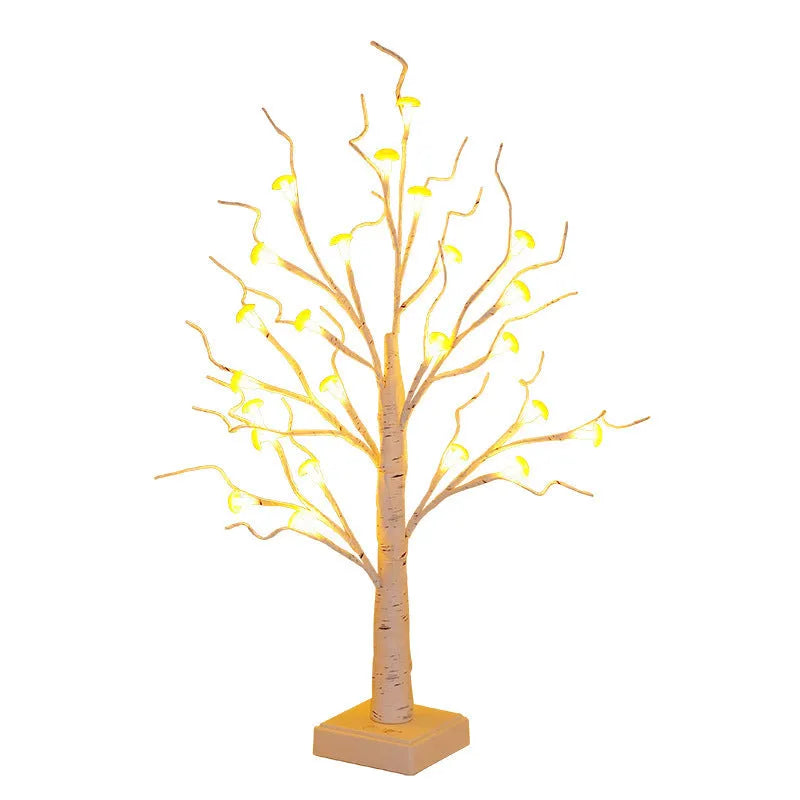 60cm tall white birch LED tree lamp with small mushroom-shaped lights on branches.