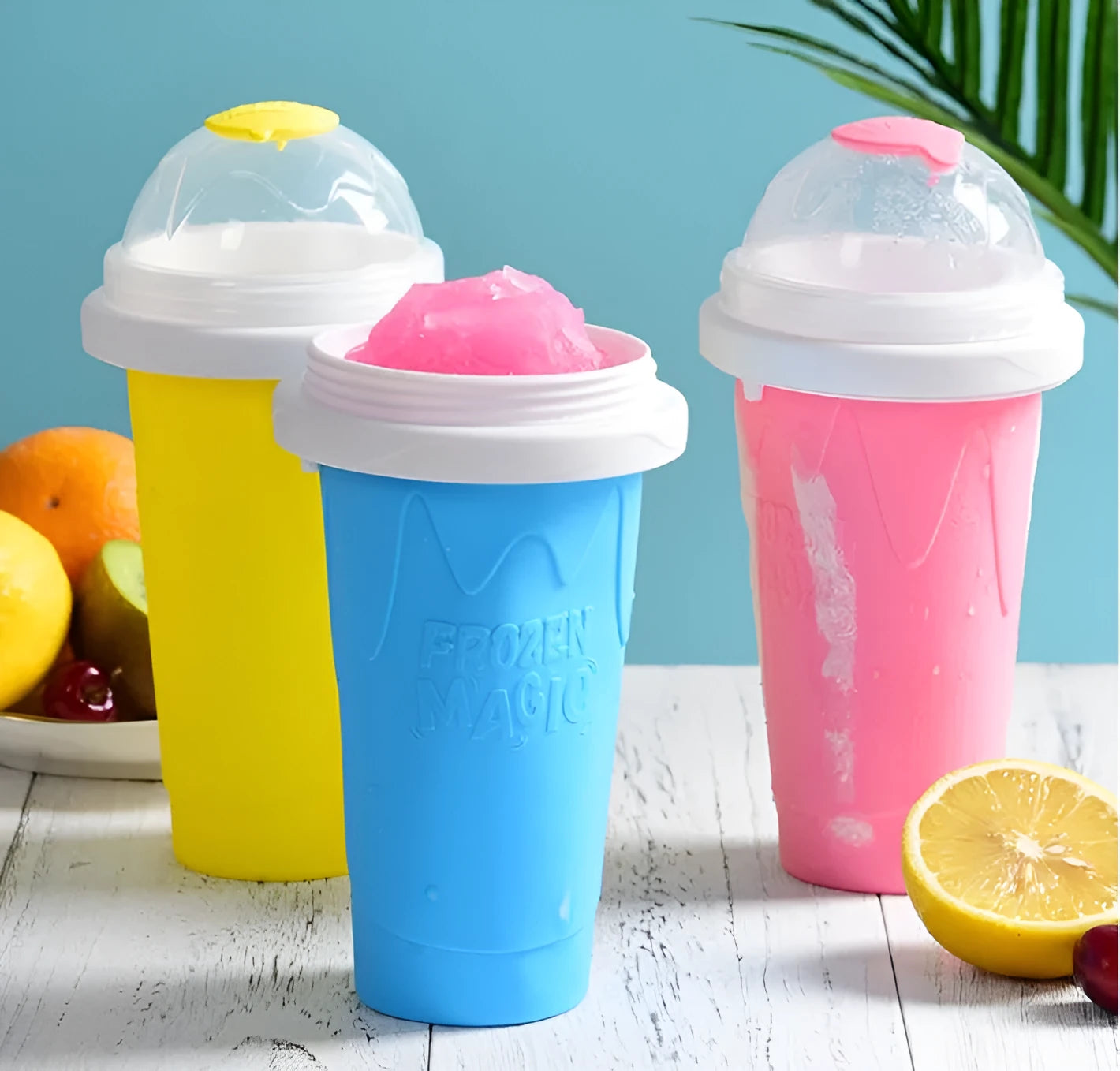 Mint green smoothie cup with lid and straw spoon for making instant slush drinks
