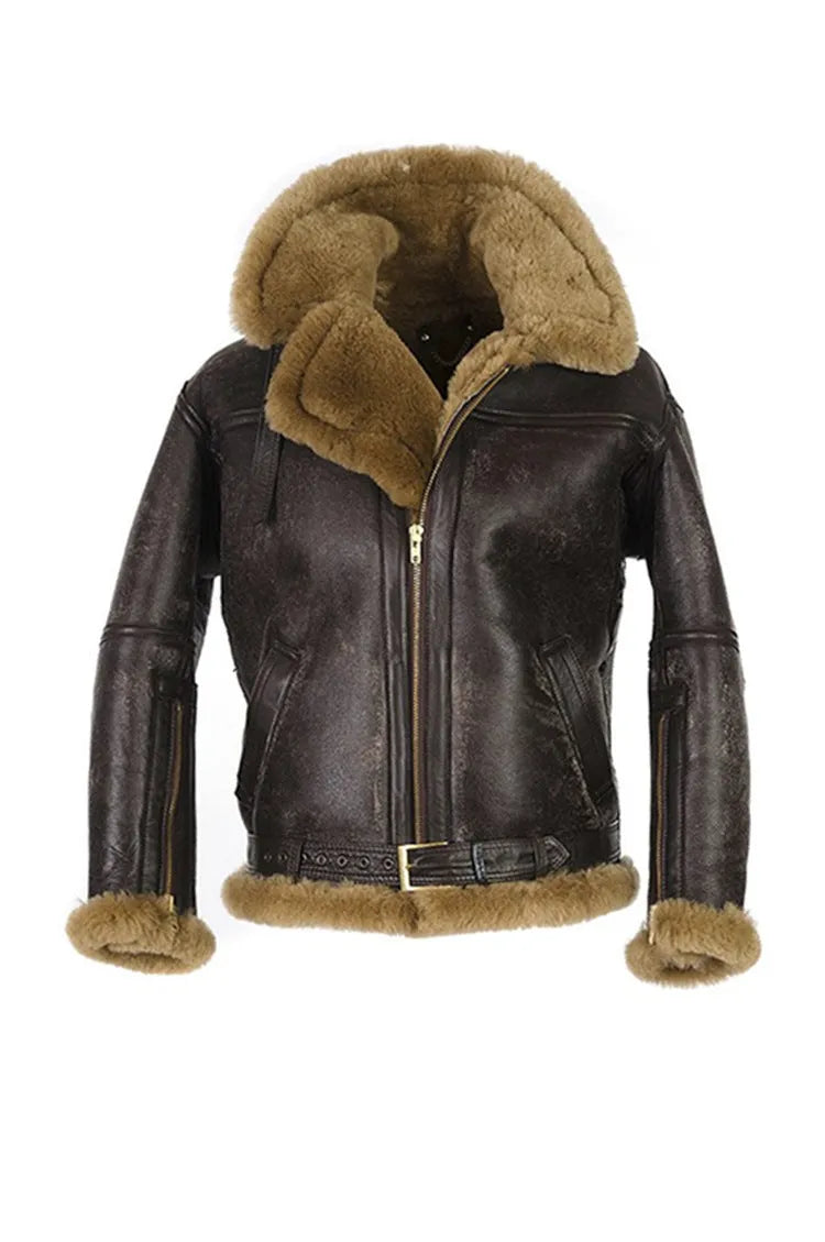 Men's brown retro fur coat with synthetic leather trim, medium length straight hem, and side seam pockets