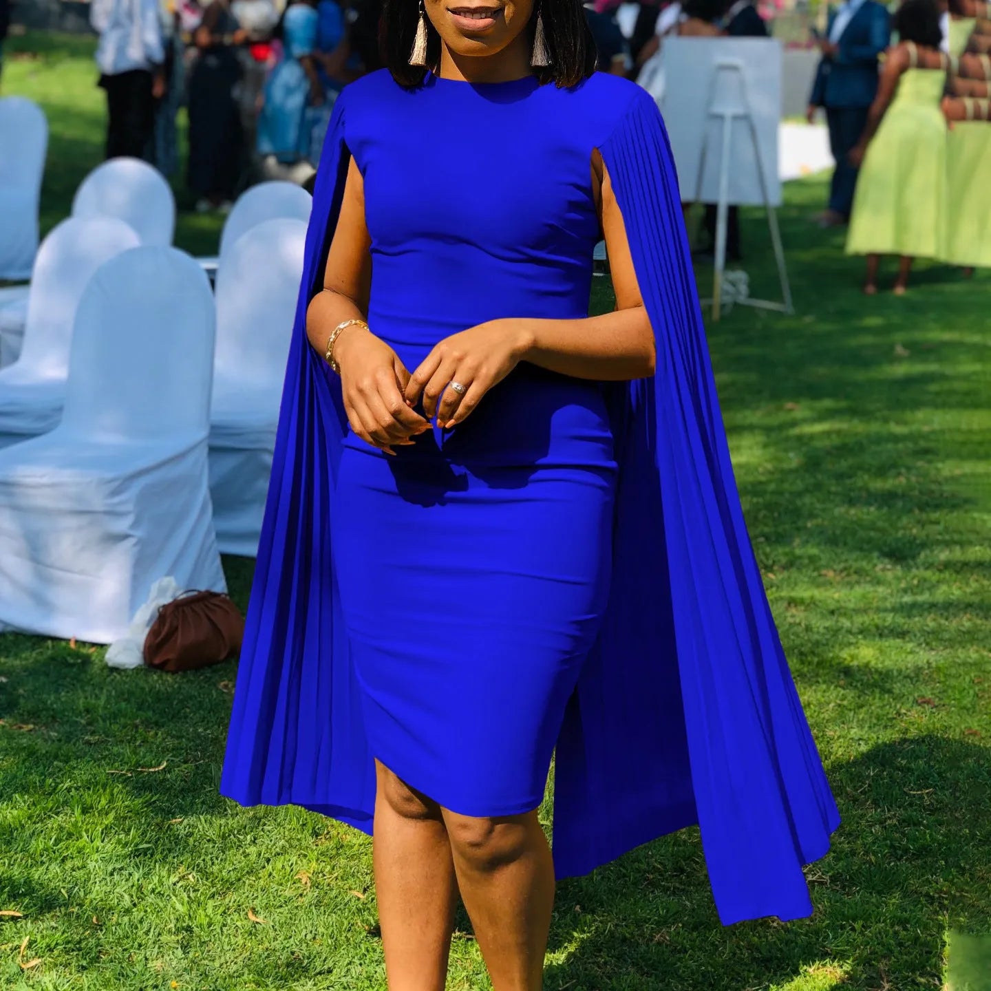 Round neck pleated shawl evening gown dress with high waist and long sleeves in multiple colour options