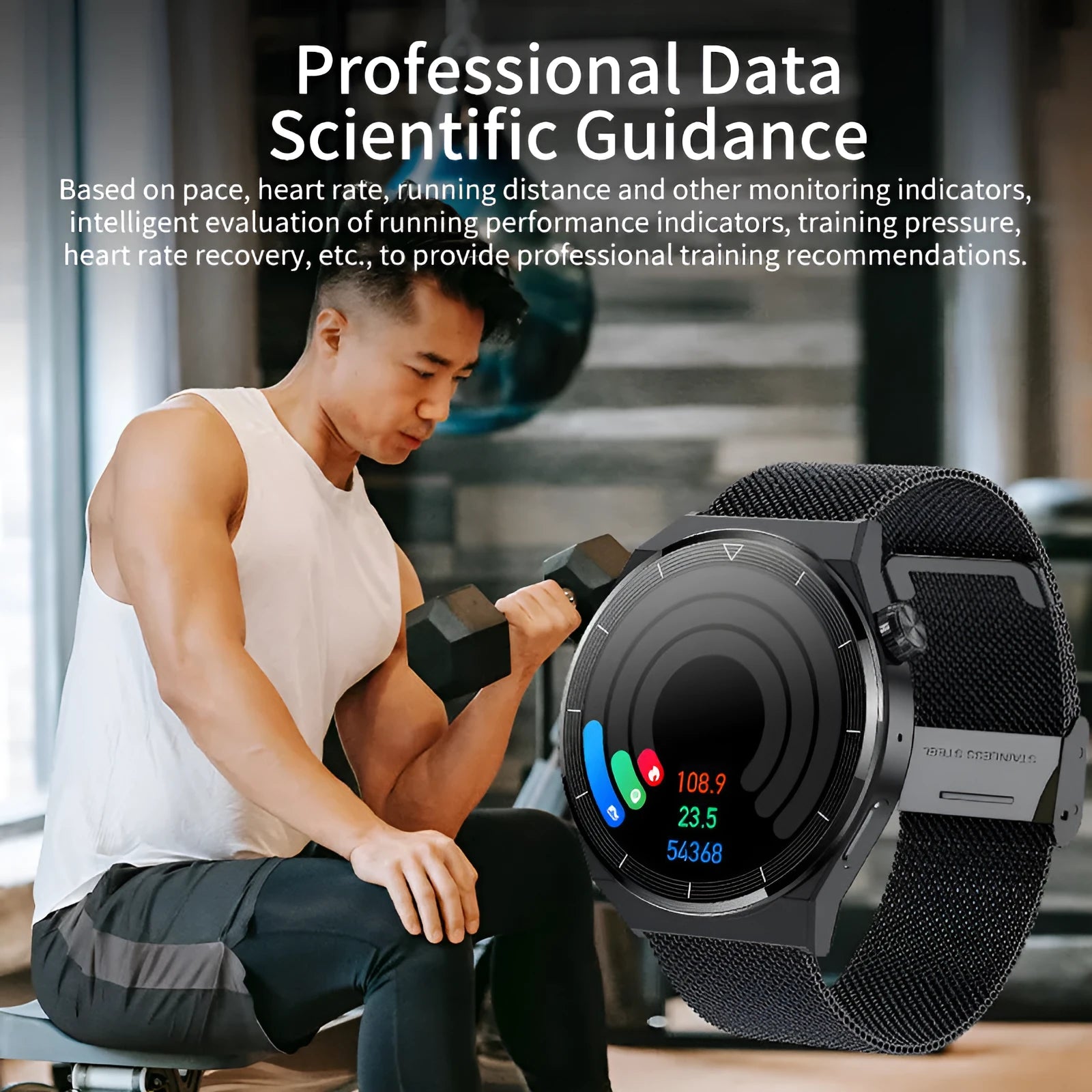 Black silicone strap smartwatch with silver vinyl case showing TFT touchscreen displaying health metrics