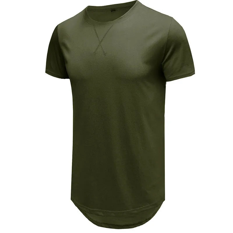 Men's slim fit cotton short-sleeved t-shirt shown in multiple colour options including army green and light blue.