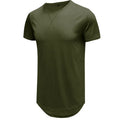 Men's slim fit cotton short-sleeved t-shirt shown in multiple colour options including army green and light blue.