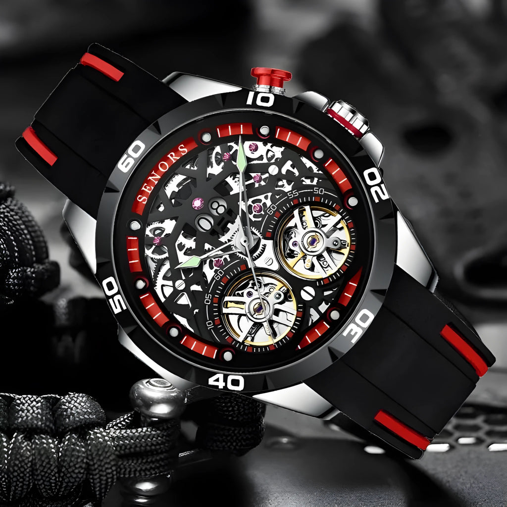 Blue automatic mechanical men's watch with luminous hollow dial on wrist