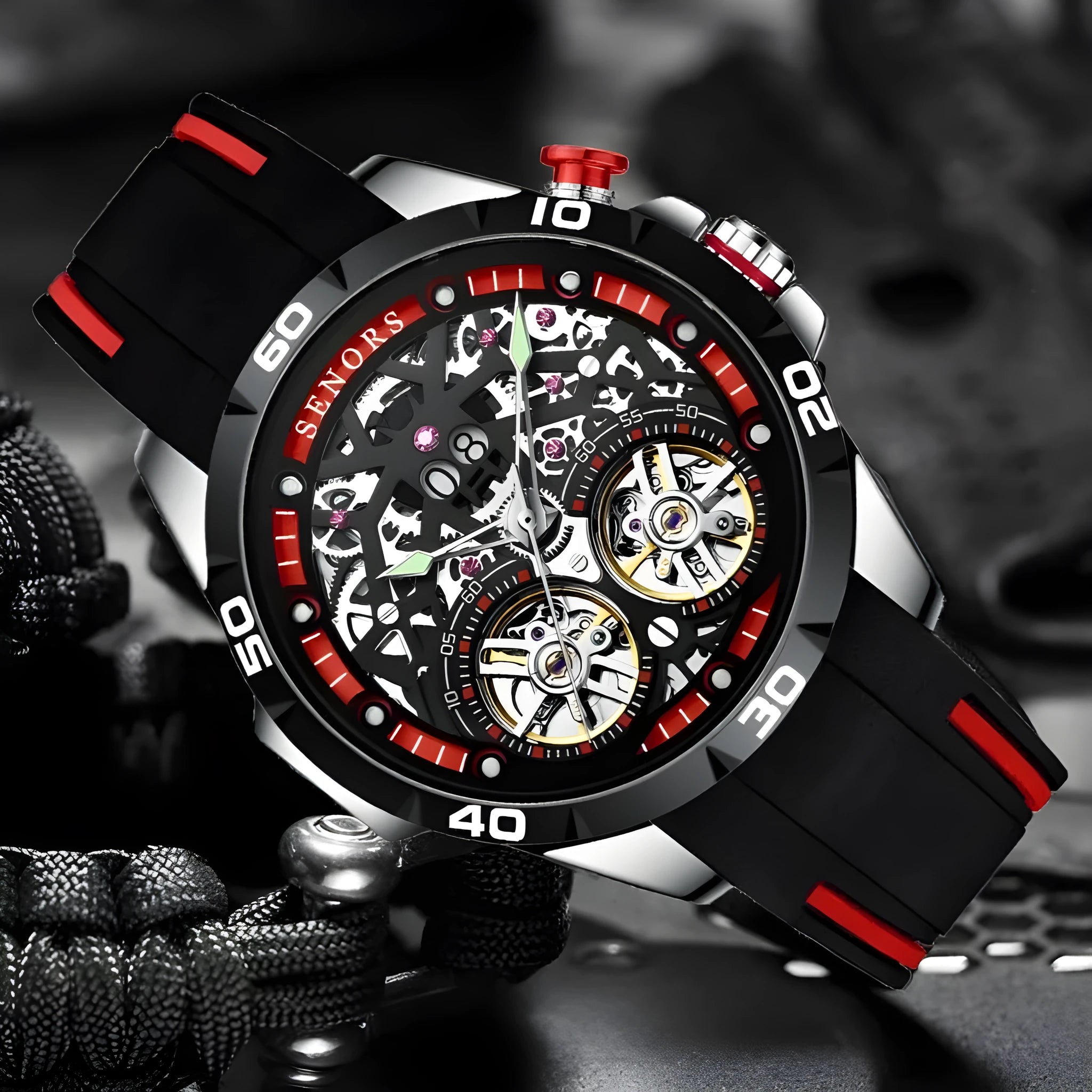 Blue automatic mechanical men's watch with luminous hollow dial on wrist