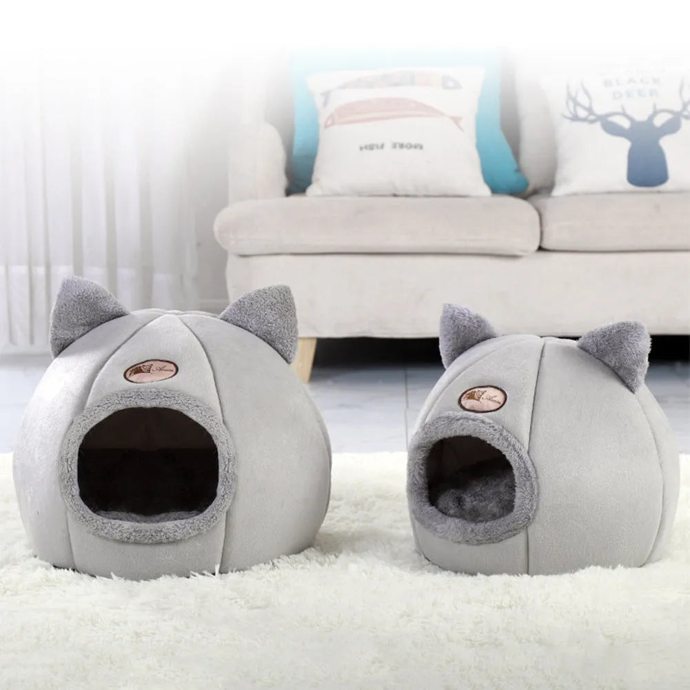Large beige fully enclosed cat sofa winter nest with warm lining