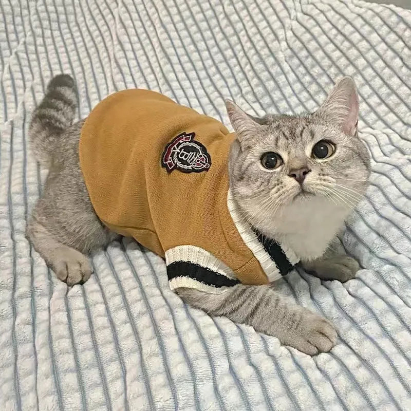 Cat wearing silver gradual layer winter clothes in blue duck colour with weight-based sizing