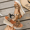 Light brown suede women's sandals with platform sole and ankle buckle, open toe with round holder