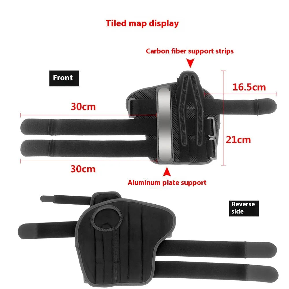 Black carbon fiber sports wrist guard with grey edging and an adjustable thumb strap.