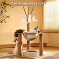 Wooden cat climbing frame with space capsule hideaway in wood colour finish