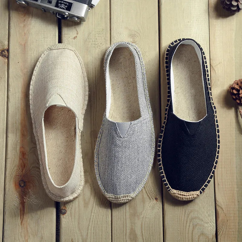Men's solid colour canvas and linen shoes with round toe in black, grey, white, or brown
