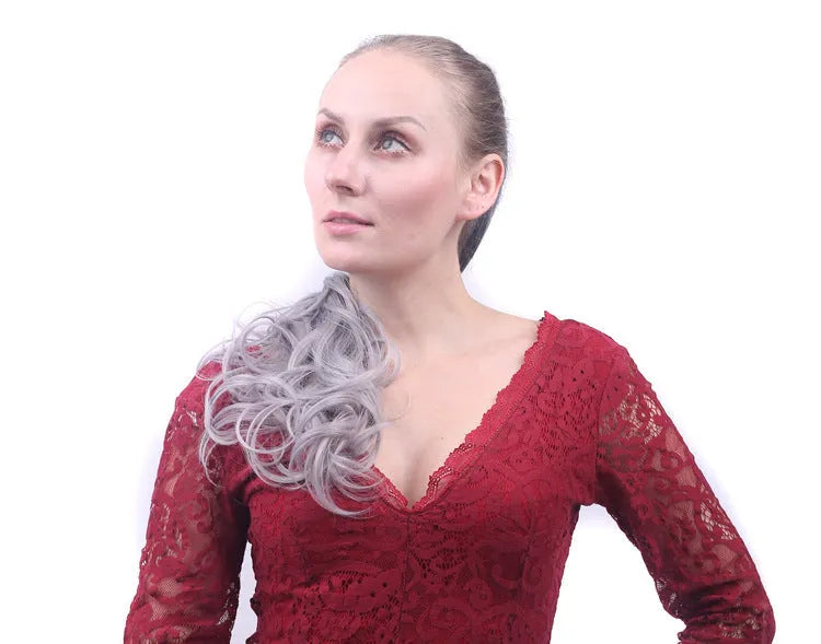 55cm colourful gradient clip ponytail wig in black deep granny grey for ladies, high temperature wire roll-style mechanism