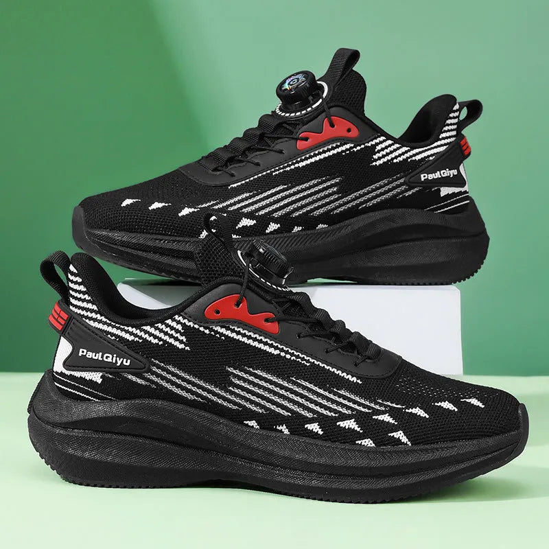 Men's rotating buckle fly-kit mesh sports running shoes in white green colour with low-top design