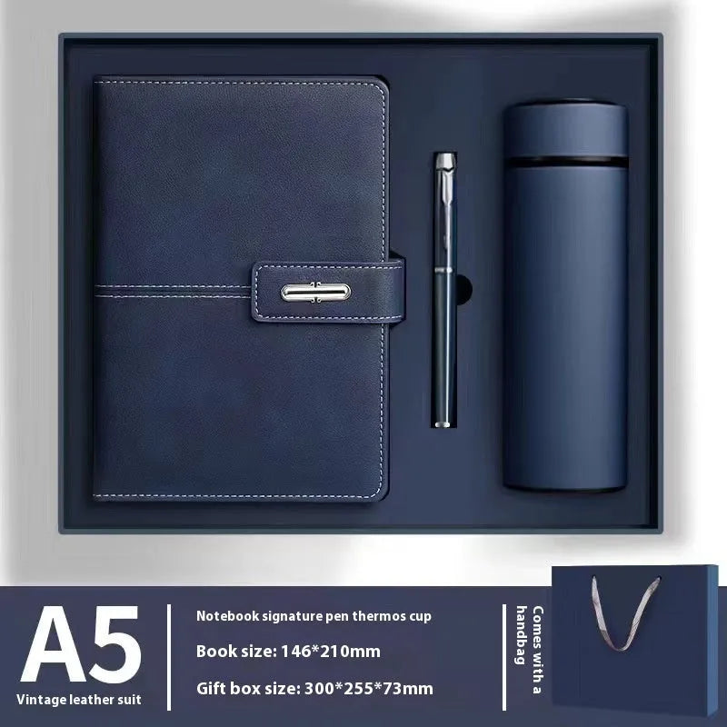 A5 size notebook with PU leather cover in various colours, showing wood-free paper inside.