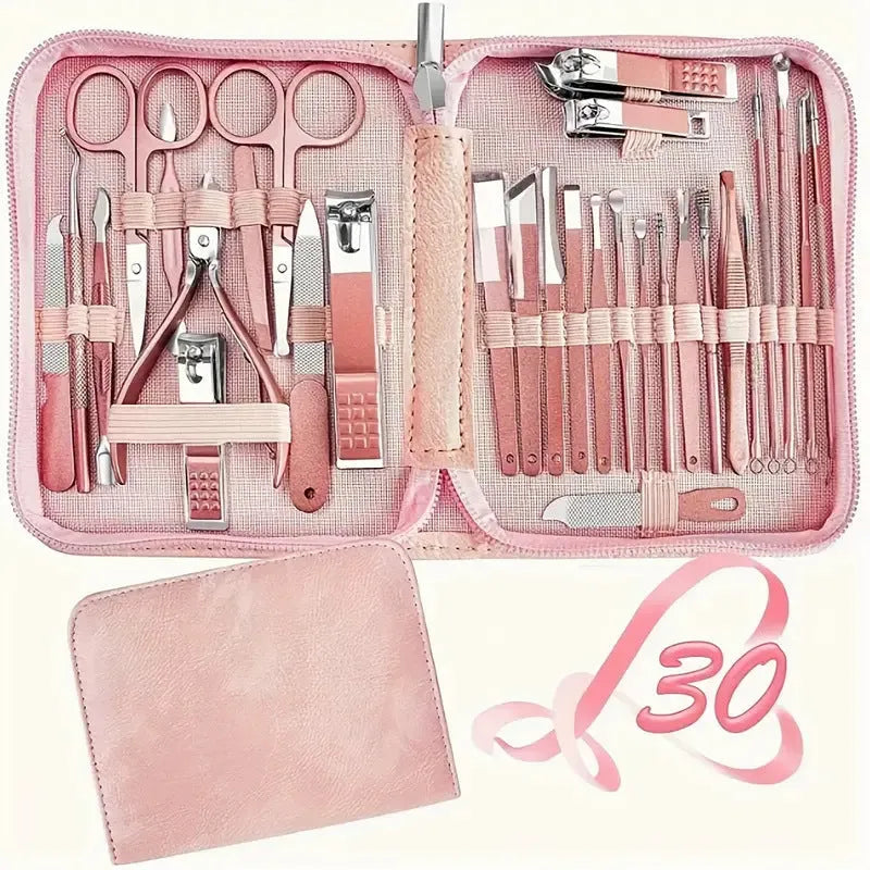 30-piece stainless steel manicure and pedicure tool set displayed in pink, blue, rose gold, black, and green colour options.