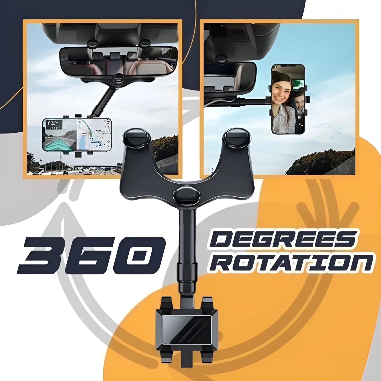 Black rearview mirror car phone holder with telescopic arm and four-claw phone grip in 360-degree rotation.