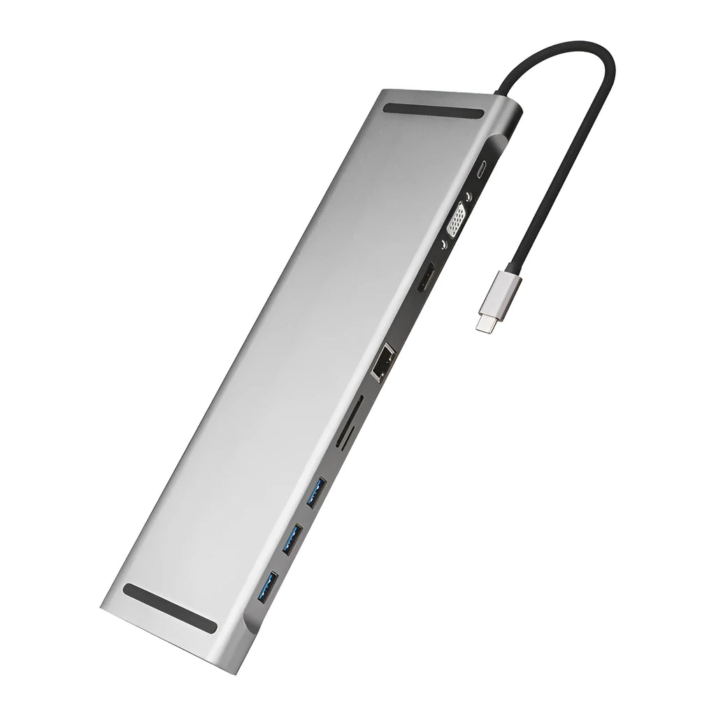 Grey aluminium USB C ten-port docking station with cooling bracket showing HDMI, VGA, and network ports