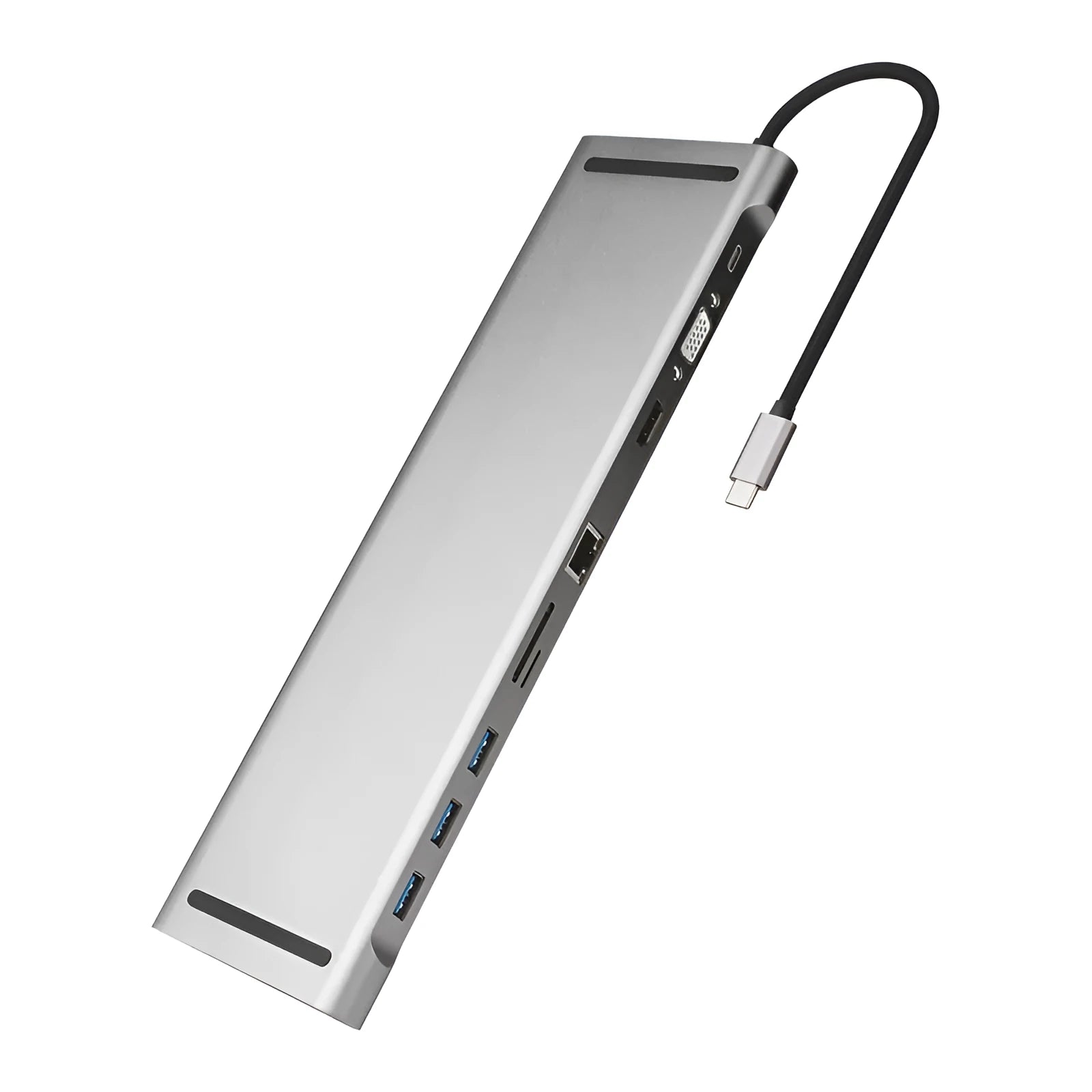 Grey aluminium USB C ten-port docking station with cooling bracket showing HDMI, VGA, and network ports