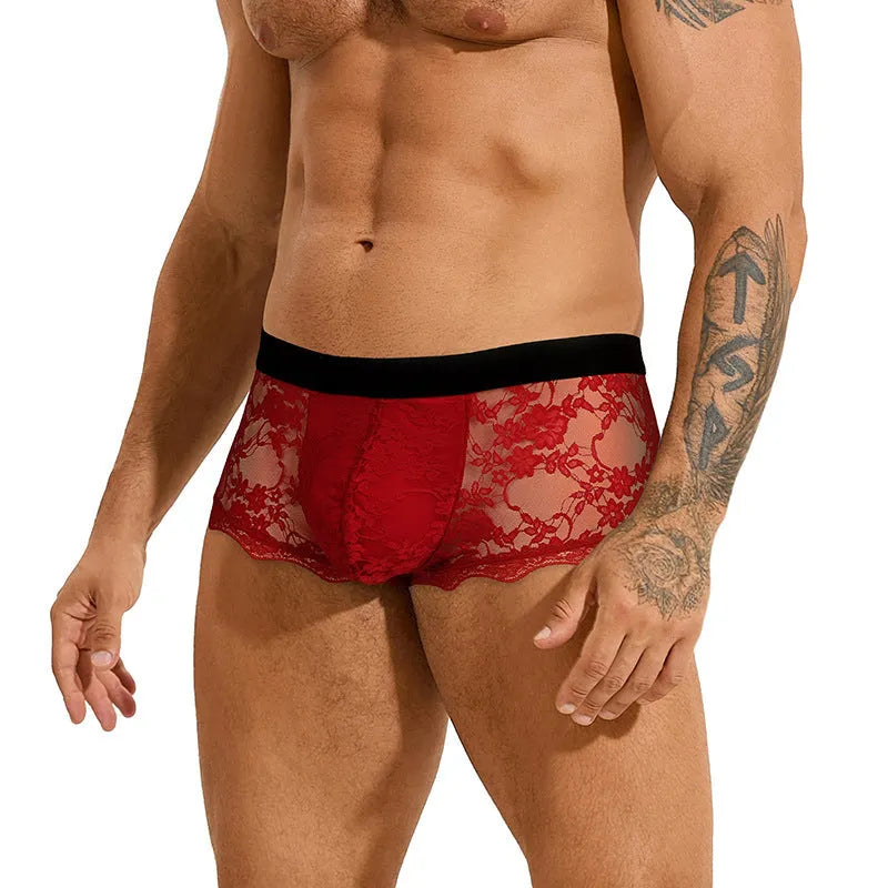 Men's black lace briefs with hollow-out see-through design on white background
