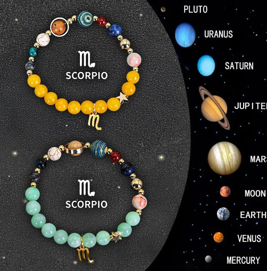 Set of two natural stone beaded bracelets for Zodiac signs on a textured background.