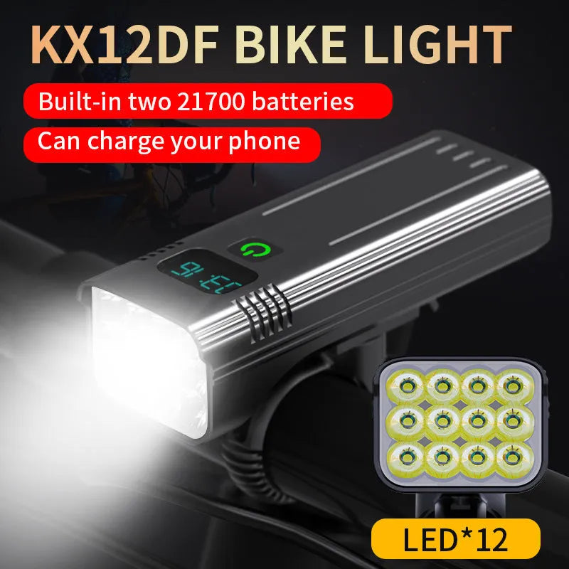 Black KX12DF digital display bicycle headlight with USB cable and quick-release mounting bracket.
