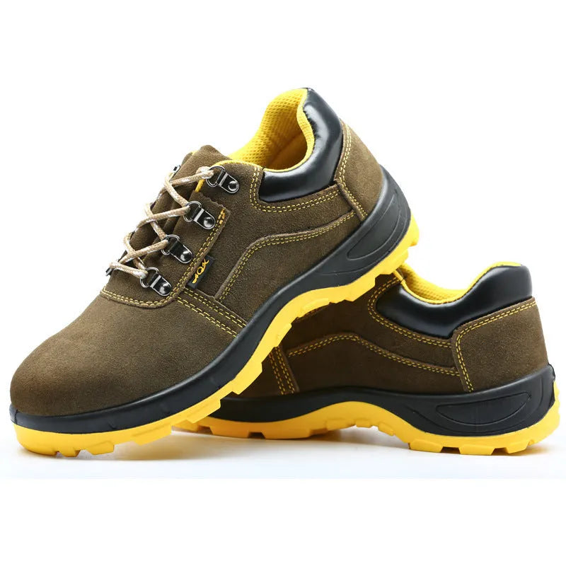 Bronze cow suede unisex safety work boots with a steel toe cap and patterned non-slip sole.