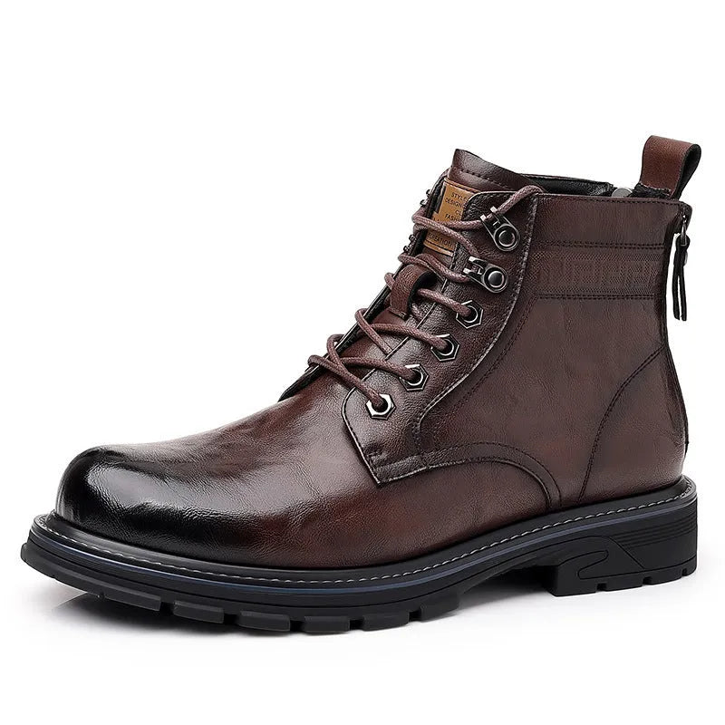 Men's black patent leather work ankle boots with square heel and high cylinder sock design