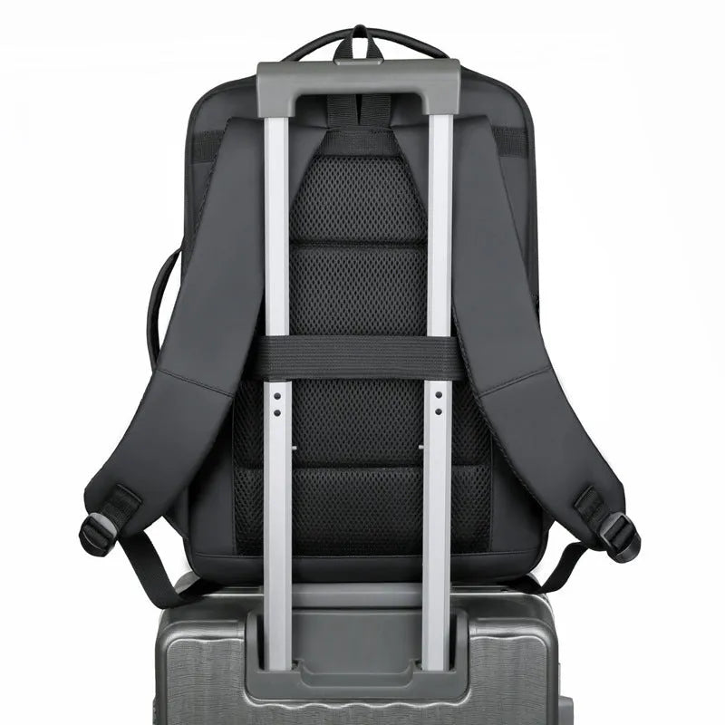 Waterproof Oxford cloth backpack in black with curved shoulder straps and business styling