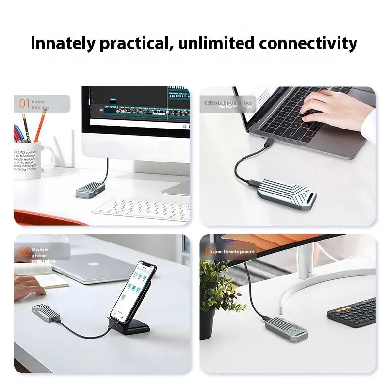 Thunderbolt 4 M.2 NVMe SSD aluminium enclosure in silver or grey with compact 50x118x13mm dimensions