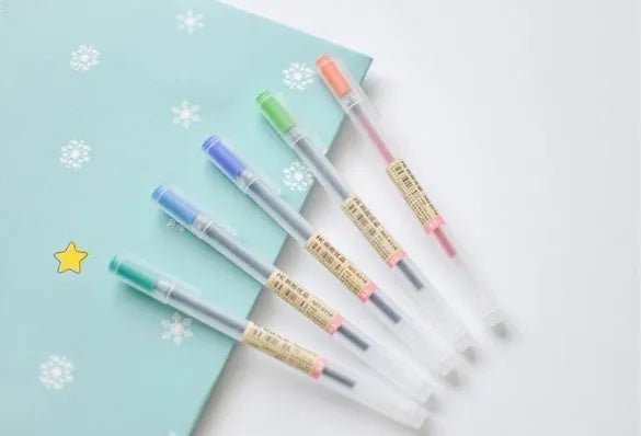 Muji 12-piece gel pen set with 0.5mm fine nibs displayed in packaging