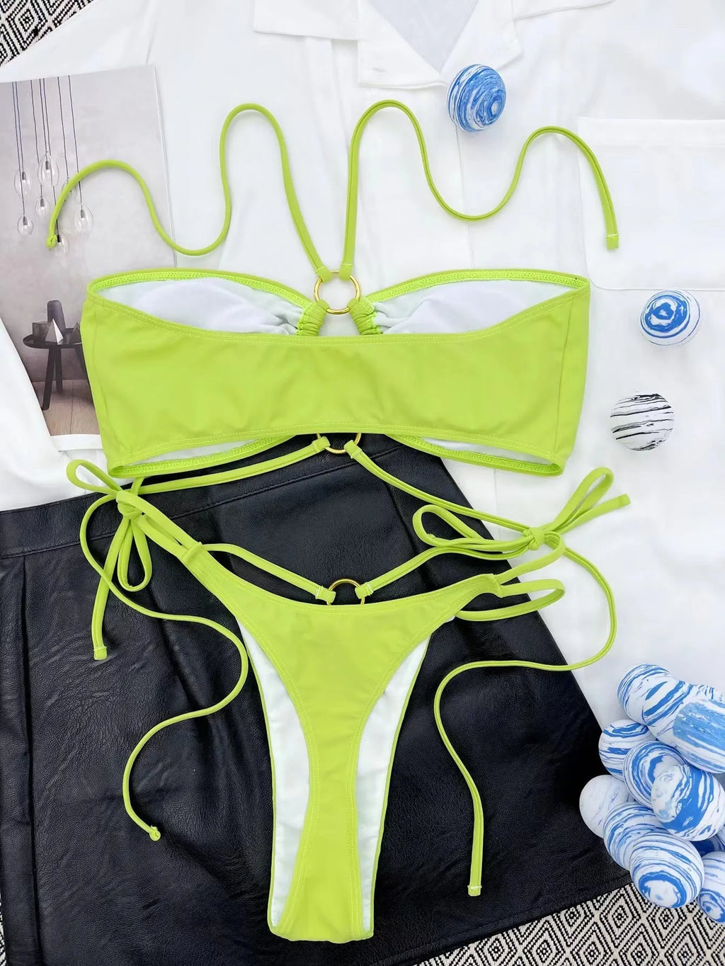 Yellow green women's lace-up triangle bikini swimsuit with matching t-pants