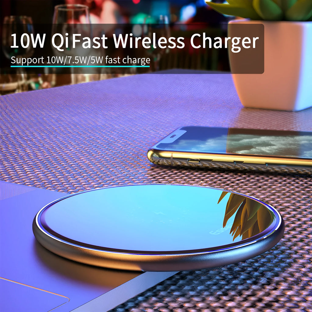 Black wireless charging pad with LED indicator light on aluminium alloy surface