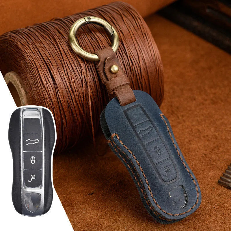 Authentic leather Porsche key cover with retro buckle in blue and brown colour options