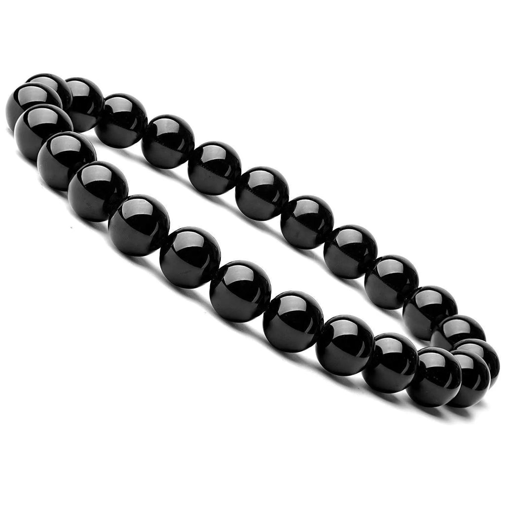 Geometric black agate bead bracelet with elastic cord, showing 8mm bead size detail.