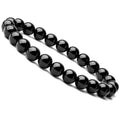 Geometric black agate bead bracelet with elastic cord, showing 8mm bead size detail.