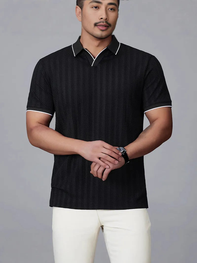 Men's loose fit short sleeve ice silk nylon polo shirt in black on a hanger