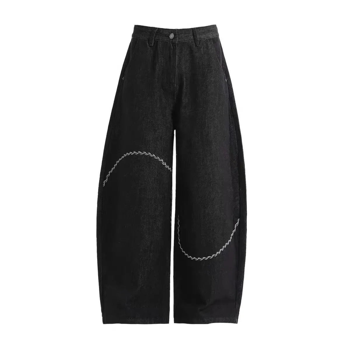 Black straight-leg denim trousers with mid-waist design and zip placket closure