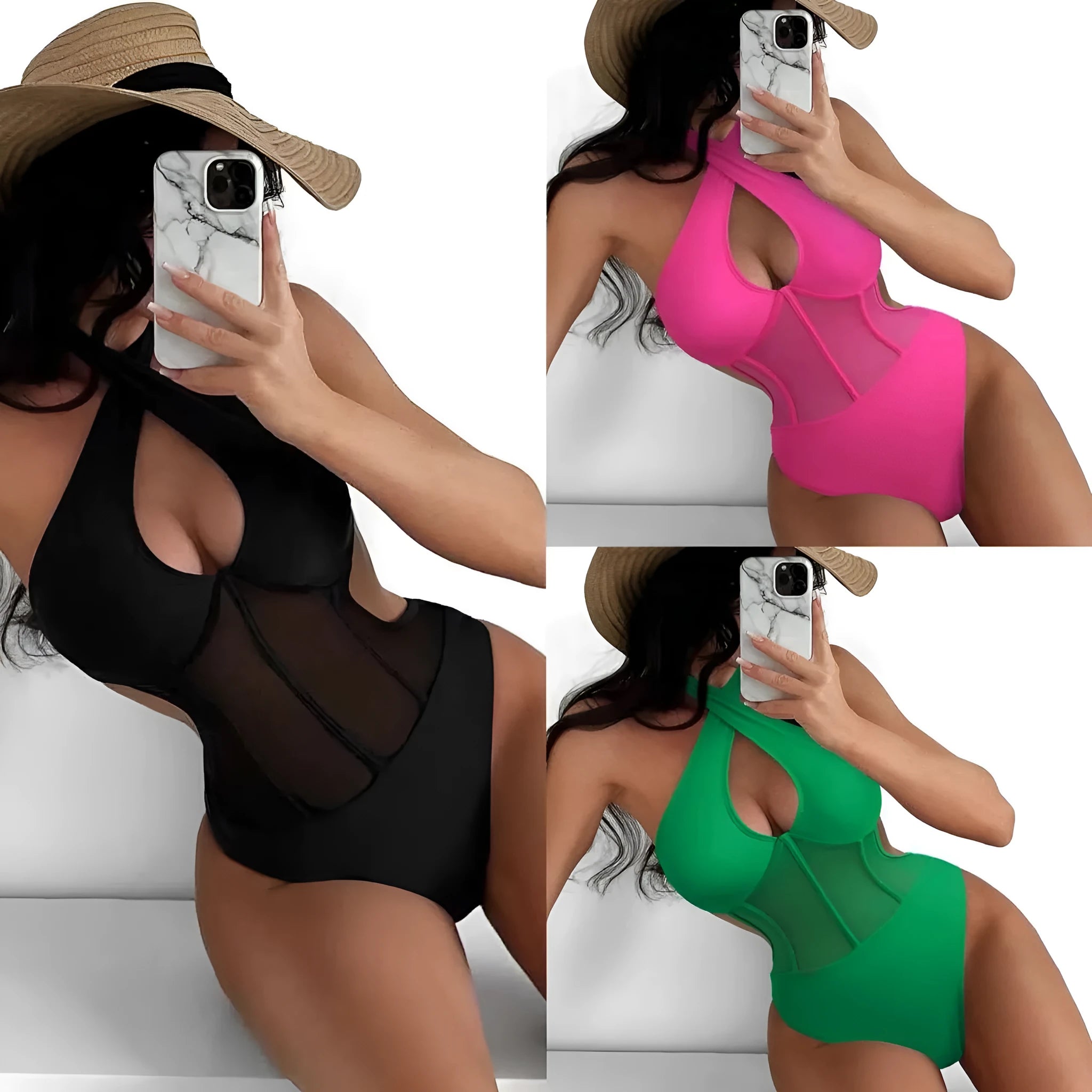 Ladies' one-piece swimsuit bikini in black, rose red, and green colours on a size chart