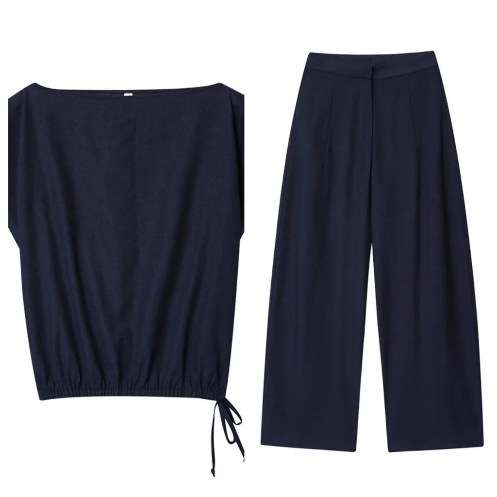 Women's blended polyester co-ord suit with flounced sleeve top and wide-leg trousers