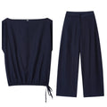 Women's blended polyester co-ord suit with flounced sleeve top and wide-leg trousers