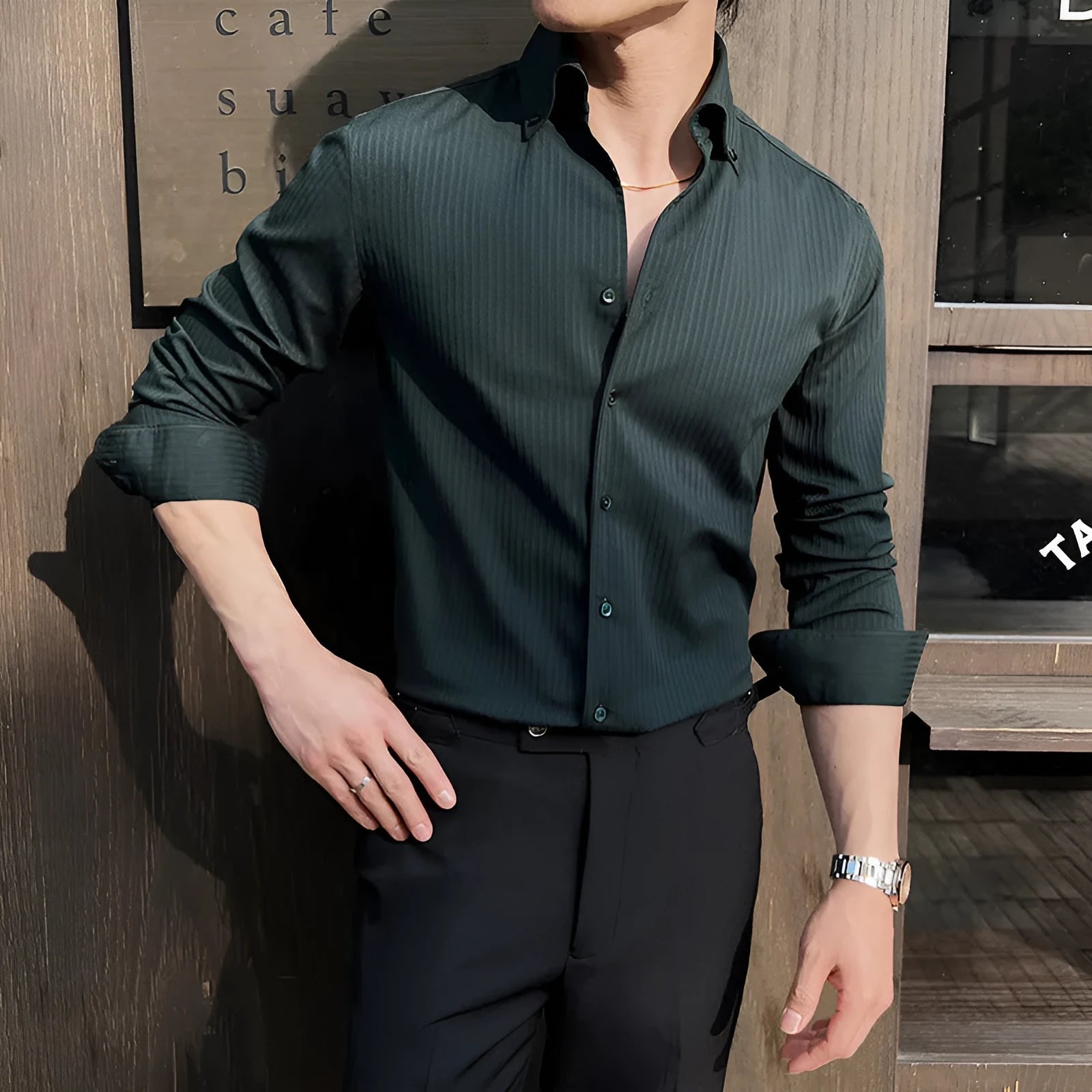 Men's dark striped V-neck long sleeve cardigan shirt in polyester blend fabric