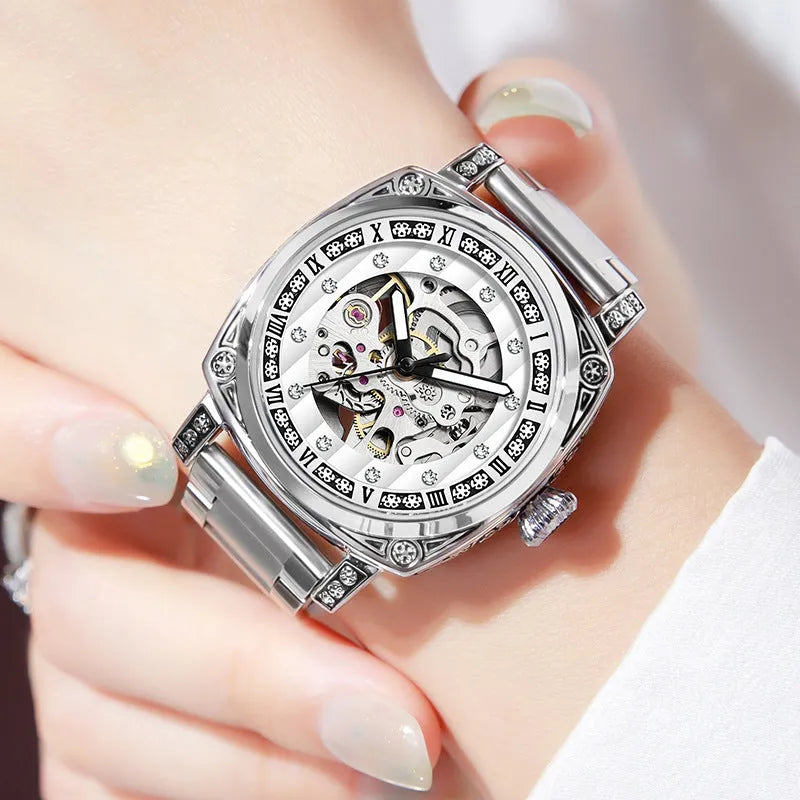 Mechanical wristwatch with luminous hands on leather strap, available in multiple colour dials