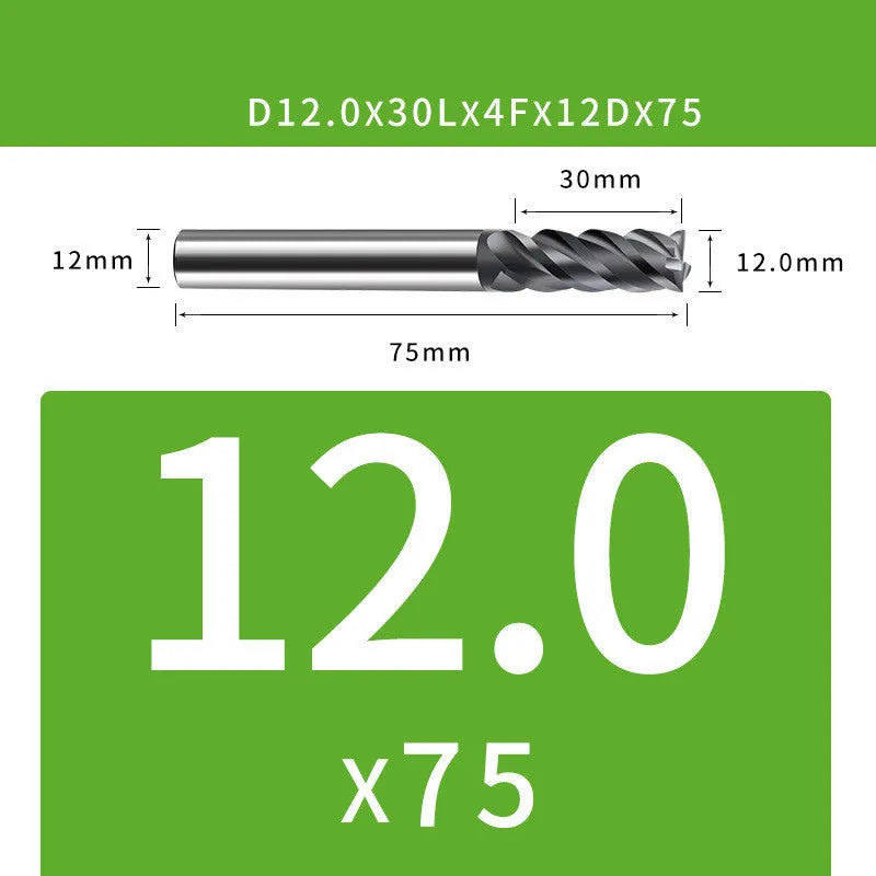 4-blade tungsten steel end mill showing cutting edges and diameter markings