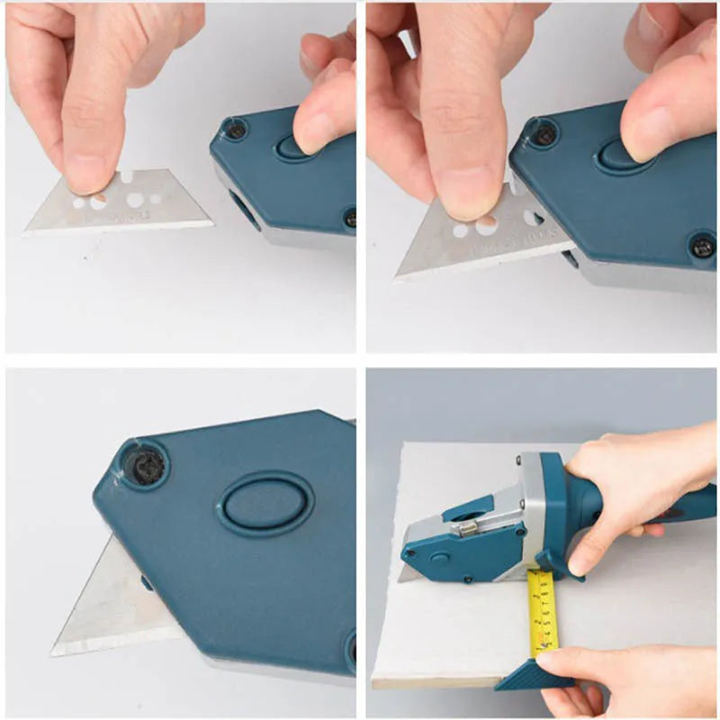 Blue multifunctional woodworking cutter with one-press lock for cutting gypsum, foam, cardboard, and KT board.