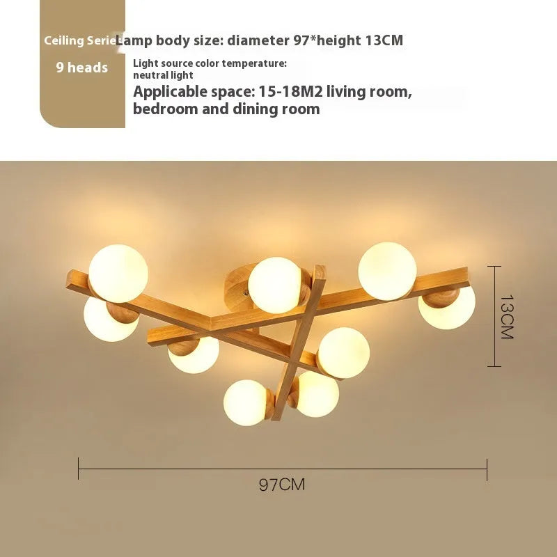 Modern wooden-style Nordic ceiling light fixture with three adjustable heads.