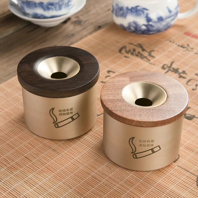 Creative retro copper ashtray with wooden lid in blackwood or rosewood option