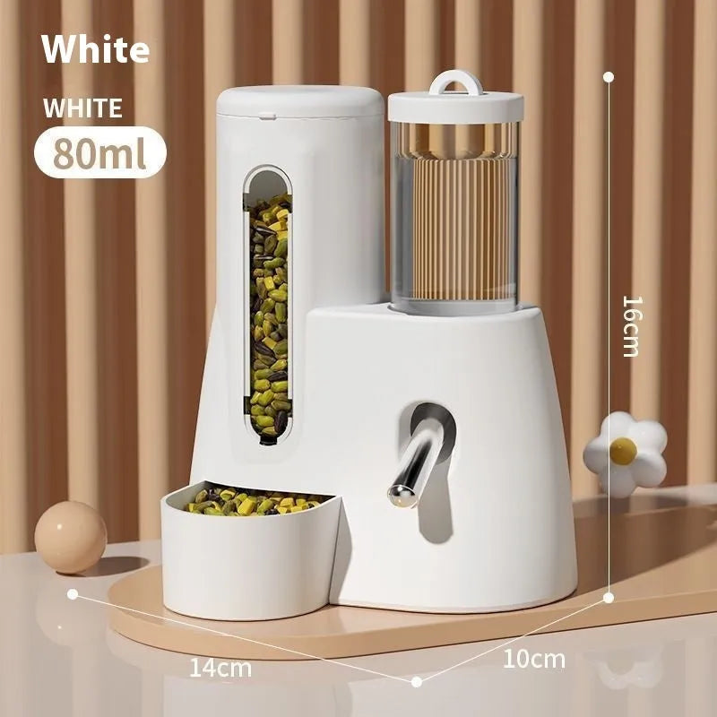 Blue automatic hamster drinking bottle feeder with food basin attached to cage bars.