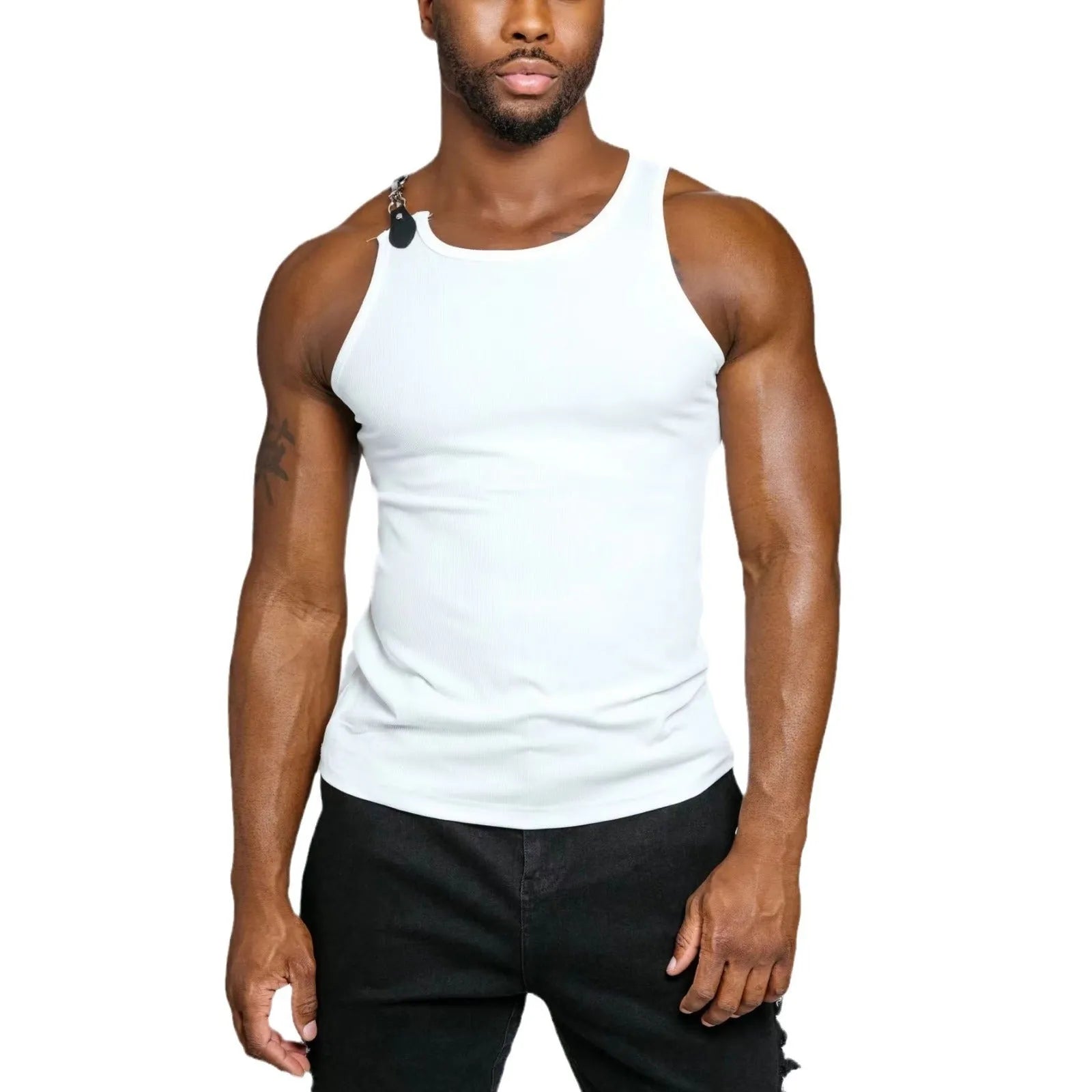 Close-fitting sleeveless vest in black cotton-blend polyester for summer wear.