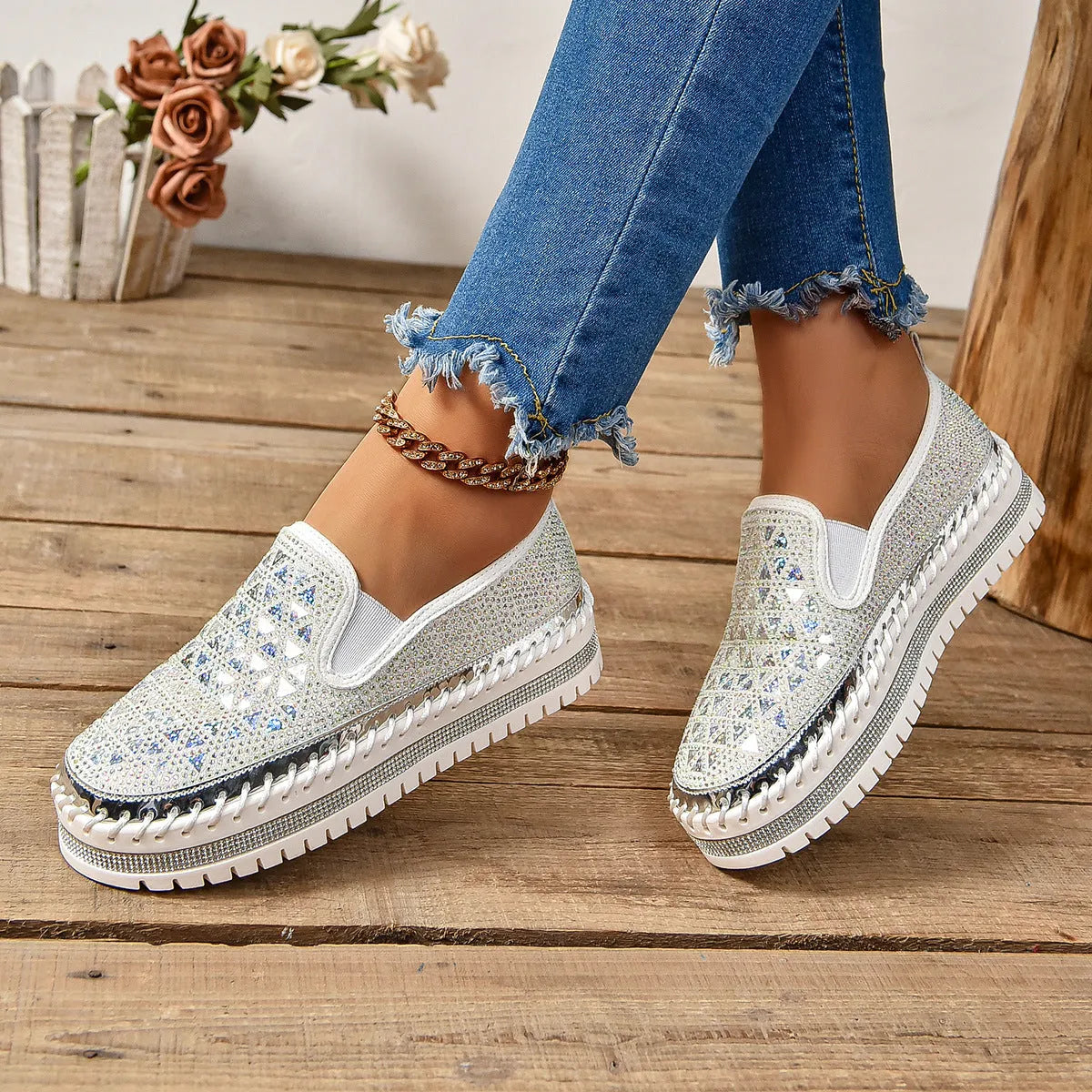 Casual sneakers for women with suede leather upper, thick bottom, and rhinestone decoration in beige