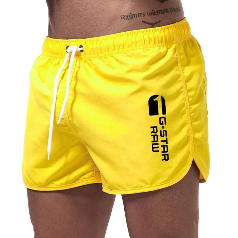 Man wearing thin polyester hemp blend beach shorts in fluorescent green, suitable for sports.
